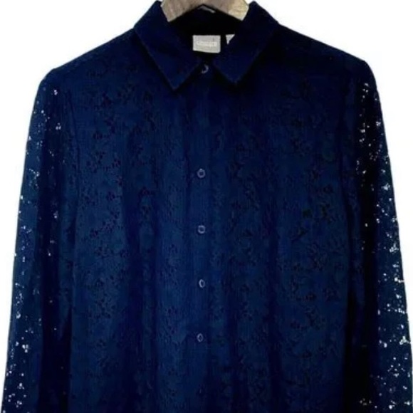 Chico's Women's Sz 3 Blouse Long Sleeve Collared Lace Roberta Deep Navy career - Picture 2 of 6